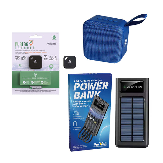 HydroTune Bluetooth Speaker, Solarsync Power Bank & Purtag Tracker Bundle – Ultimate Sound, Power & Security Anywhere!